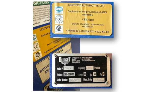 Counterfeit automotive lift certification label found in Ontario